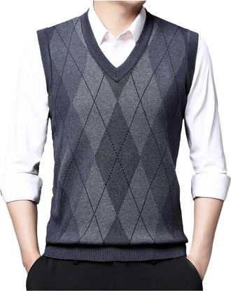 Generic Classic Seeveless Jumpers for Men UK Casual Knitted Gilets V-Neck Sweater Vests Gentleman Plaid Waistcoats Knit Tank Top Plus Size Sleeveless Cardigan