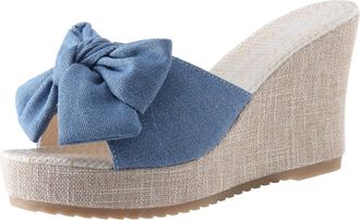 Generic Women Sandals Fashionable Denim Flower Decoration Summer New Pattern Wedge Comfortable Non Slip Slip On Chunky Heel Sandals with Zippers for Women (Bl