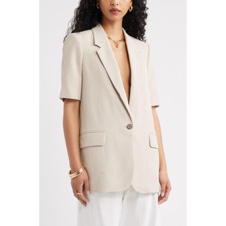 Open Edit Curator Crepe Short Sleeve Blazer in Grey Feather at Nordstrom, Size Xx-Small