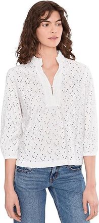 Nic+Zoe Knit Eyelet Ruffle Neck Top Womens Clothing Paper White : LG, Cotton