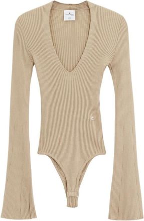 Courr&egrave;ges Ribgebreide Body met V-hals van Viscose - Dames - Bodies - Beige - S - Polyester - Tops