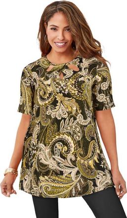 Jessica London Stretch Knit Cutout Swing Tunic in Olive Green Paisley at Nordstrom, Size 12