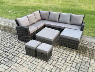 Fimous 10 Seat Rattan Garden Furniture Corner Sofa Set Outdoor Patio Sofa Chair Table Set in Dark Grey