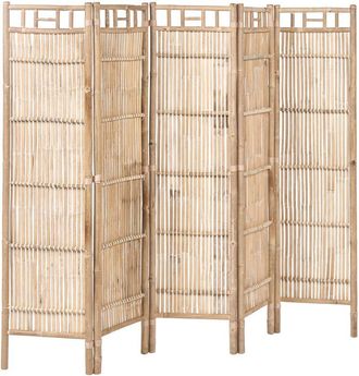 Beliani 5 Panel Room Divider Light Brown Bamboo 205 x 160 Natural Wood Partition Japandi Organic Screen Bedroom Screen CEFALU