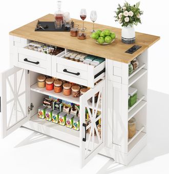 STILVORA Carro De Cocina Con 2 Puertas De Cristal, 1 Caj&oacute;n, 6 Estantes, Enchufes Y Usb, Mesa Abatible, Mdf, 120 X 40 X 92 Cm