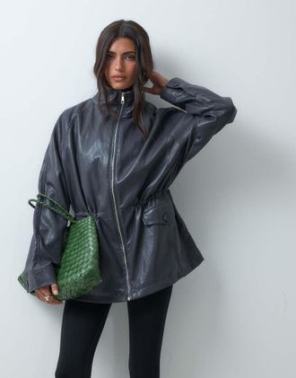 Asos giacca harrington effetto pelle con vita stretta blu scuro-blu navy
