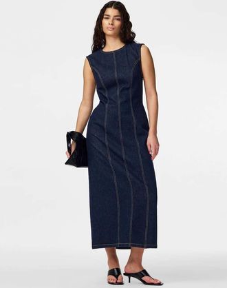 Pieces Vestito midi in denim blu scuro