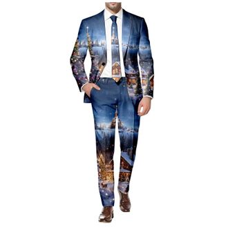 Generic Christmas Suits for Men UK 2 Piece Mens Suits Set with Reindeer Snowflake Printed Tuxedo Blazer & Trousers Notched Lapel One Button Christmas Fancy Dr