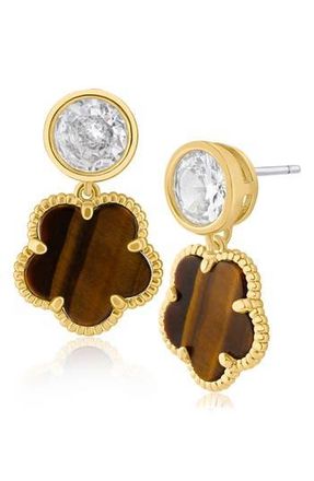 Kenneth Jay Lane CZ & Clover Dangle Earrings in Tiger Eye /gold at Nordstrom Rack