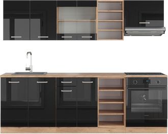Vicco Mueble De Cocina R-line, Roble Negro/dorado De Alto Brillo, 240 Cm, Et Roble