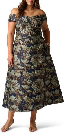 Adrianna Papell Metallic Floral Jacquard Off the Shoulder Gown in Navy/Teal Multi at Nordstrom, Size 18W