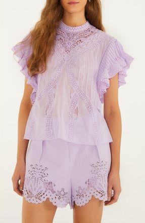 Farm Rio Lace Ruffle Sleeve Organic Cotton Top in Lilac at Nordstrom, Size Xx-Small