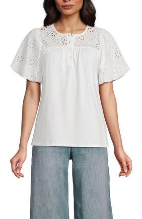Lands End Eyelet Crew Puff Sleeve Top in White at Nordstrom, Size X-Small