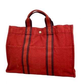 Herm&egrave;s Red Color Canvas Tote Bag (Pre-Owned)