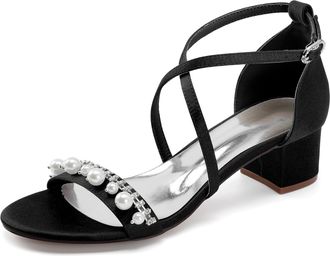 Generic Wedding Bridal Shoes Womens Open Toe Ankle Strap Chunky Heels Sandals Low Bridal Formal Prom Party Dress Shoes 4.5Cm,Black,7 UK