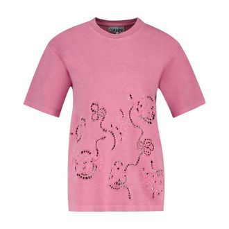 Ganni Womens Embroidery Anglais Cotton T-Shirt Pink