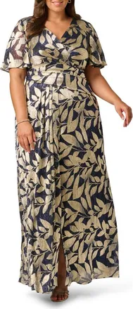 Adrianna Papell Metallic Leaf Jacquard Draped Gown in Navy/gold at Nordstrom, Size 14W