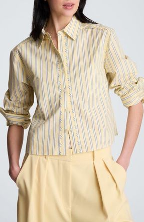 Kenneth Cole Stripe Crop Button-Up Shirt in Pastel Yellow Multi at Nordstrom, Size Large