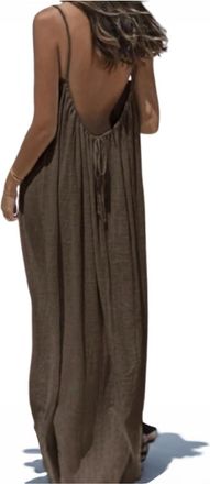 Generic Womens Solid Color Backless Dress Summer Open Back Spaghetti Strap Maxi Dresses Casual Flowy Dress Brown