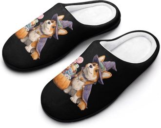 Generic Witch Corgi Dog Womens Slippers Warm House Slippers Indoor House Shoes with Anti-Skid Rubber Sole