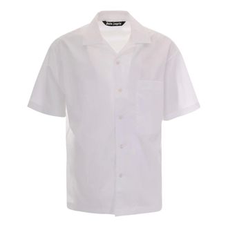 Palm Angels Short Sleeve Shirts, male, White, Size: S B Curved Logo Bowling Shirt
