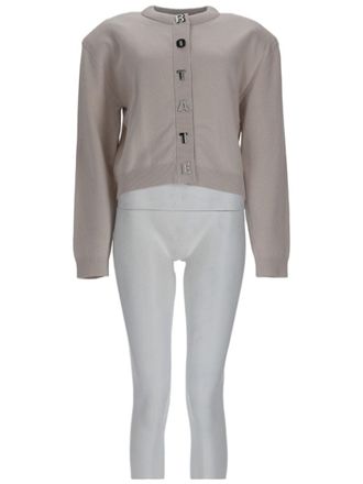 Rotate Cropped Cardigan With Vertical Logo Detailing In Neutral Tones