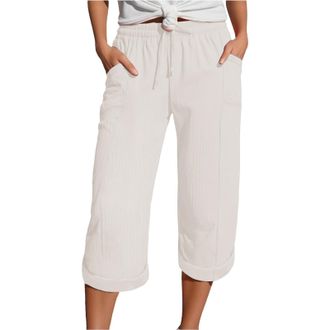 Generic Linen Trousers Womens Drawstring Elastic Waist Summer Lightweight 3/4 Trousers with Pockets Causal Loose Comfortable Fabric Sport Leisure Beach Hiking