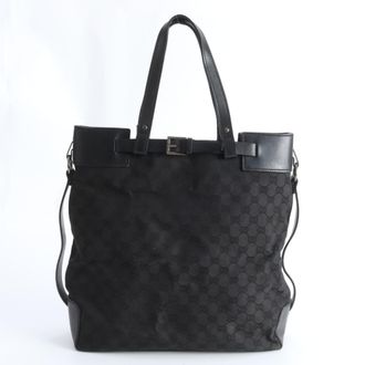 Gucci Gg Canvas Black Gg Canvas Leather Handbag Tote Bag (Pre-Owned)