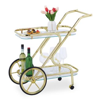 Relaxdays Relaxdays Carrito De Cocina, Camarera Servicio, 2 Baldas Y 4 Ruedas, Hierro Y Cristal, 80x43x85 Cm, Bar Y Sal&oacute;n, Lat&oacute;n
