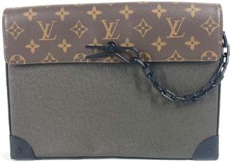 Louis Vuitton Brown Khaki Taiga Leather Leather Monogram Canvas Clutch Bag Pochette Pouch (Pre-Owned)