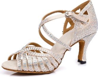 Minitoo Womens Ballroom Dance Shoes Glitter Rhinestones Salsa Latin Dancing Heels L380 Nude UK 6.5