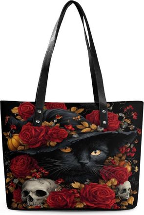 Generic Black Cat Pumpkin Floral Skull Tote Bags for Women Cute Shoulder Purses Handbags