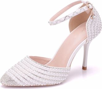 Generic White,6.5 UK,Pearls Wedding Shoes for Womens Pointed Closed Toe Ankle Strap Pumps Wedding Party Prom Dance Heeled Sandals