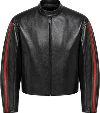 Gucci LEATHER BIKER JACKET WITH WEB DETAIL - Gucci - Man