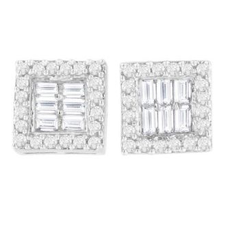 House of Brilliance 14K White Gold 1 cttw Round and Baguette Diamond Stud Earrings at Nordstrom