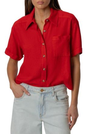 Kut from the Kloth Aida Linen Blend Short Sleeve Button-Up Top in Tomato at Nordstrom, Size X-Large