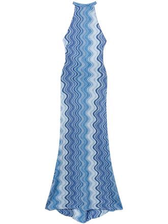MC2 Saint Barth Halter Neck Maxi Dress with Wavy Abstract Pattern