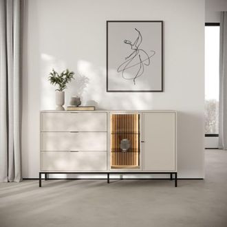 Dmora Aparador Leriti, Alacena Con 3 Cajones, 3 Estantes, 5 Compartimentos, 150x40x92h Cm Beige Cashmere