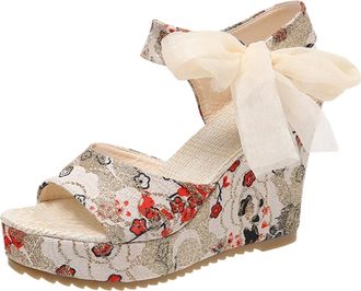 Generic Cocila Walking Sandals Womens Ladies Fashion Flower Print Cloth Platform Fish Mouth Red, 6 Mesh Women White Wedges Size 5 9 Wide Fit For Plantar Fasci