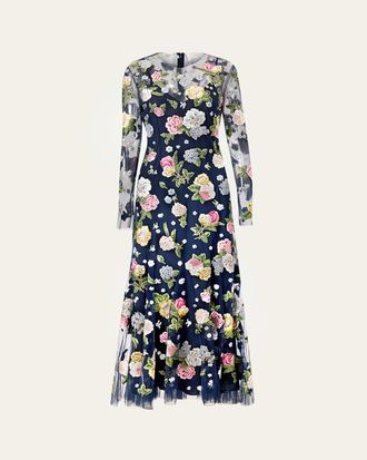 Carolina Herrera Floral Embroidered Tulle Long-Sleeve Midi Dress