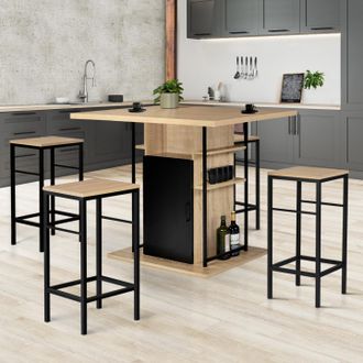 IDMarket Conjunto De Isla Central De 110 Cm De Madera Negra E Imitaci&oacute;n Haya Y 4 Taburetes De Dise&ntilde;o Industrial