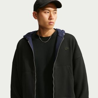 Nike Mens Club Oversized Fleece Full-Zip Reversible Hoodie in Black | IO3795-010
