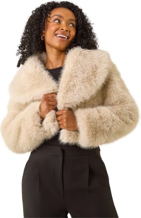 Roman Womens Petite Cropped Fur Coat - Stone - Size 16 UK