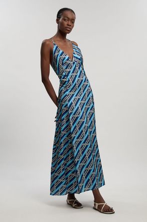 Karen Millen Womens Chain Print Hammered Satin Deep V Strappy Woven Maxi Dress - Multicolour - Size 14 UK