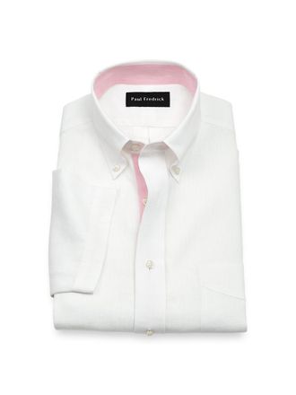 Paul Fredrick Slim Fit Non-iron Linen Solid Dress Shirt With Contrast Trim