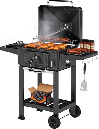 OUTSUNNY Barbacoa De Carb&oacute;n Con Bandeja Y Ventilaci&oacute;n Ajustable, Estantes Plegables, Term&oacute;metro, Tapa, Caj&oacute;n De Cenizas, Ruedas, Negro