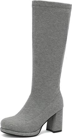 Generic Womens Knitted Block Heel Round Toe Knee High Boots Slip On Comfort Versatile Winter Shoes (7.5,Grey)