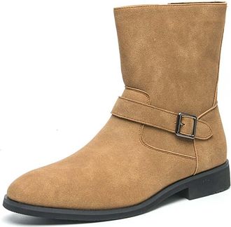 Generic Mens Suede Warm Ankle Boots and Womens Chelsea Boots with Side Zipper and Buckle - Block Heel Casual Walking Shoes for Everyday Wear,Yellow,12.5 UK