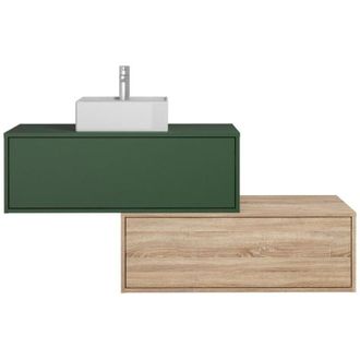 Vente-Unique Mobile per bagno sospeso con lavabo singolo quadrato e due cassetti 94 cm Verde e Naturale chiaro - teana ii