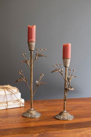 Kalalou Set Of Two Antique Brass Flower Taper Candle Holders